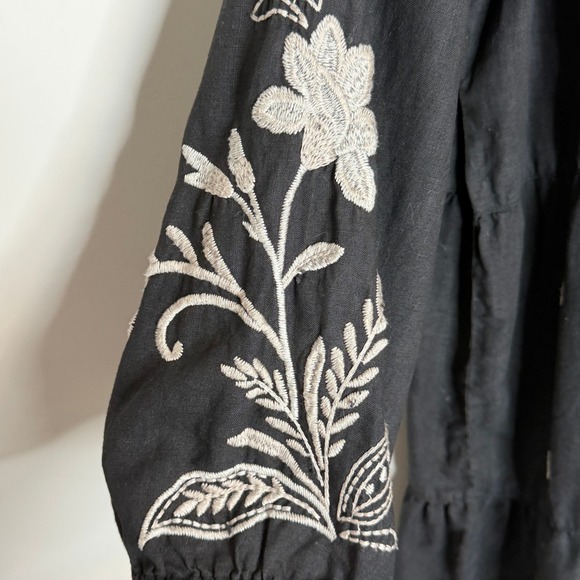 Johnny Was Black Linen Embroidered Frankie Tiered Field Dress Bird Boho Large - Picture 11 of 15